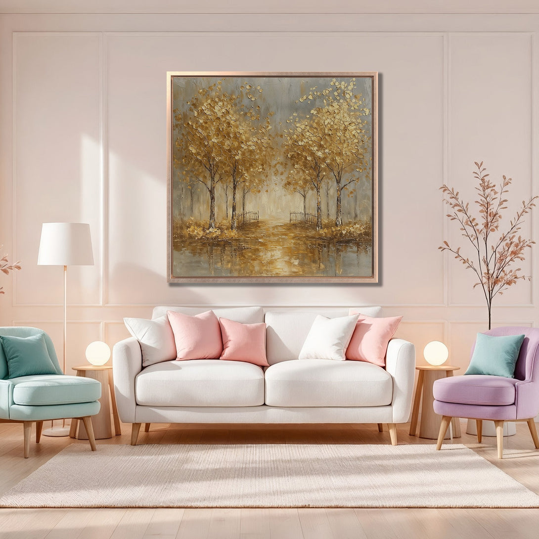 Framed Wall Art: Elegant landscape painting with gold and gray tones. Perfect for adding a touch of sophistication to any living room. Shop our canvas prints today!
