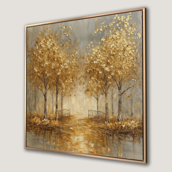 Framed Wall Art: Golden trees painting. Textured, impressionistic style with a warm, neutral color palette. Perfect for adding elegance to any room.