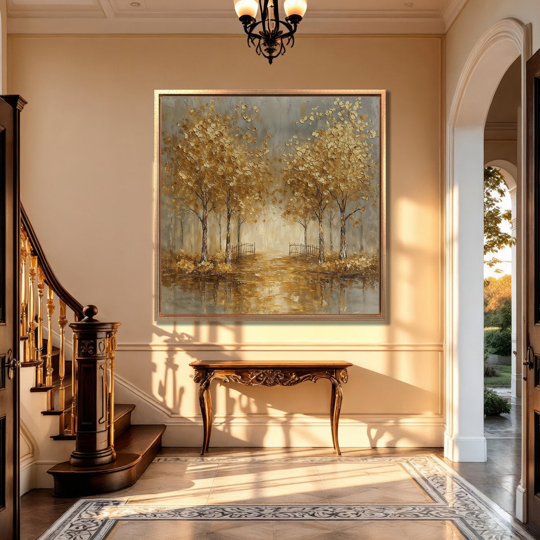 Framed Wall Art: Golden trees landscape in a neutral interior. Warm gold, gray, and beige color palette. Perfect for adding elegance to your home.
