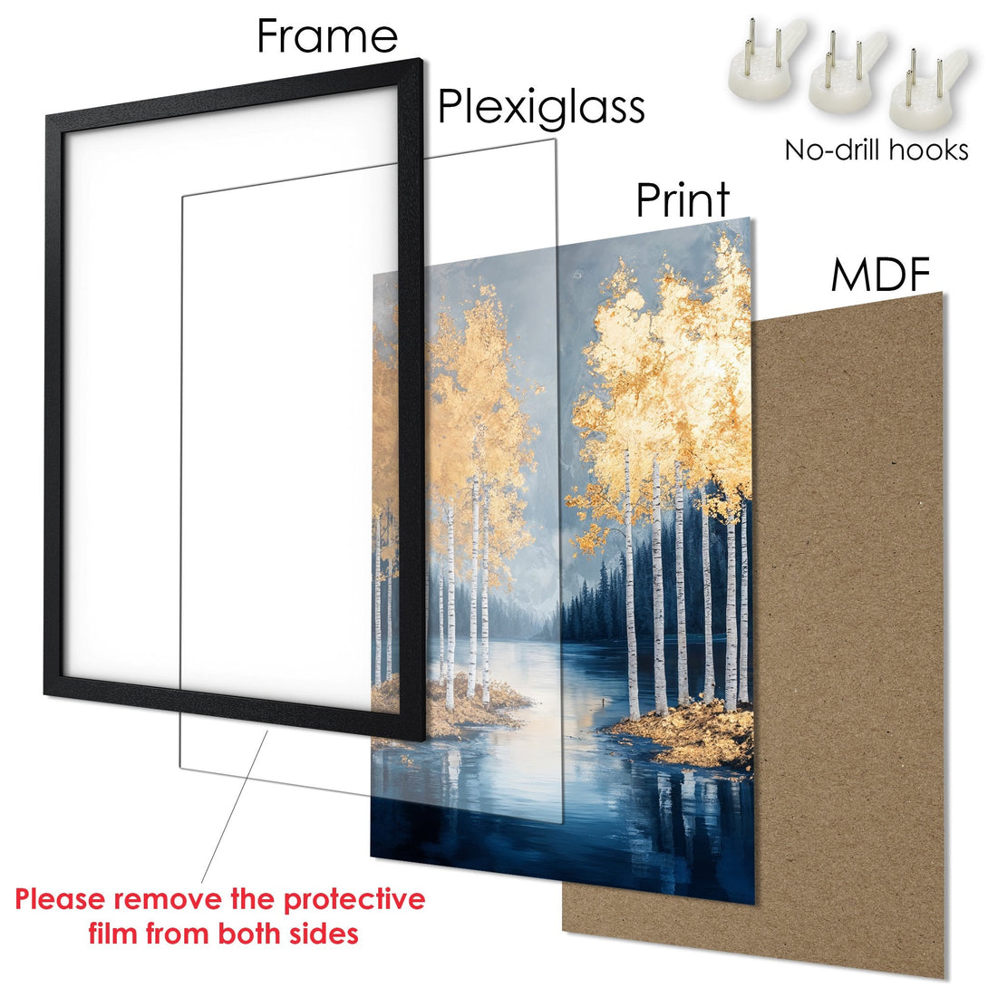 Framed Poster featuring a serene forest scene with gold accents and a blue/gold color palette. Perfect wall art for any room!