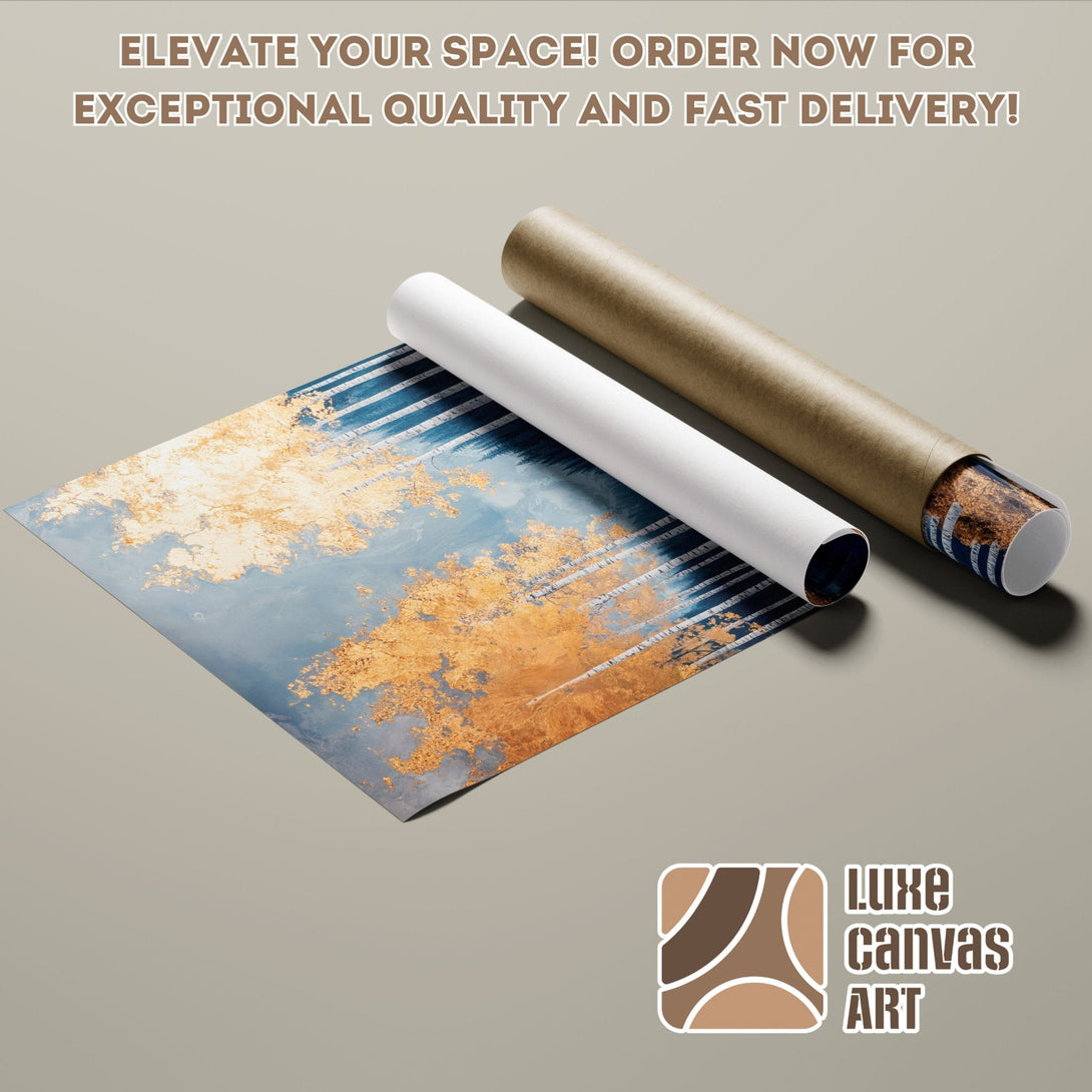 Abstract art Poster Roll with blue, gold, and brown tones. Order now!
