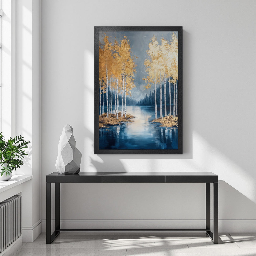 Framed Poster featuring a landscape painting with gold trees, blue water, and a moody color palette. Perfect wall art for any room.