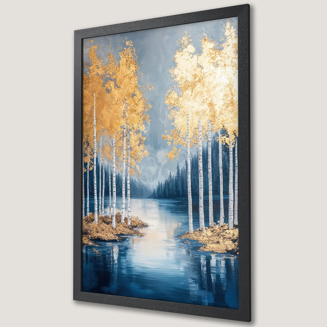 Framed Poster featuring a serene landscape with golden trees and a blue lake. Artistic style with a calming color palette.