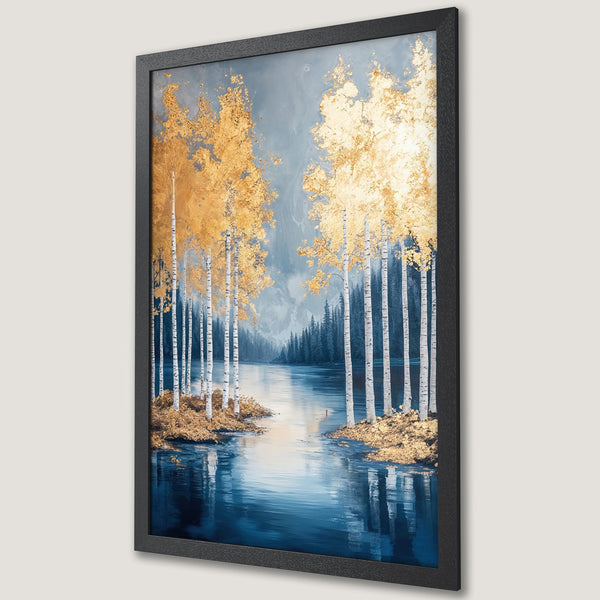 Framed Poster featuring a serene landscape with golden trees and a blue lake. Artistic style with a calming color palette.
