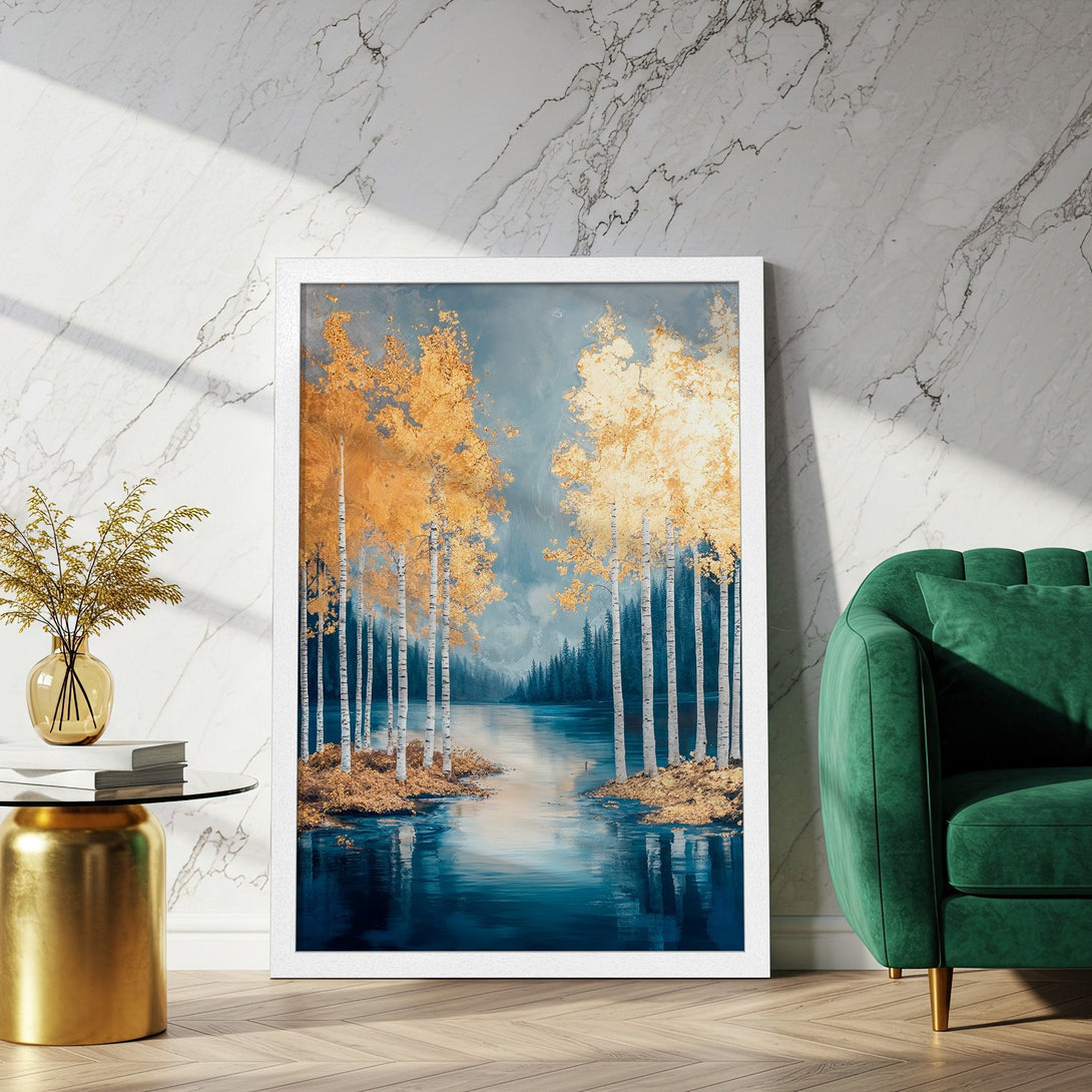 Framed Poster featuring a serene landscape with gold and blue tones. Perfect wall art for a touch of nature and elegance.