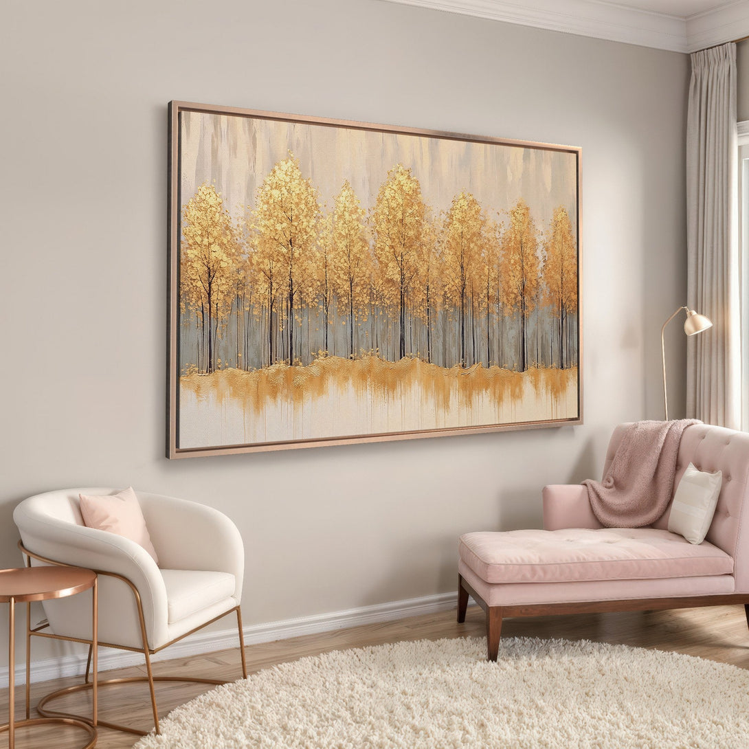 Framed Wall Art featuring golden trees in a neutral color palette. Modern abstract landscape Canvas Print adds elegance to any interior.