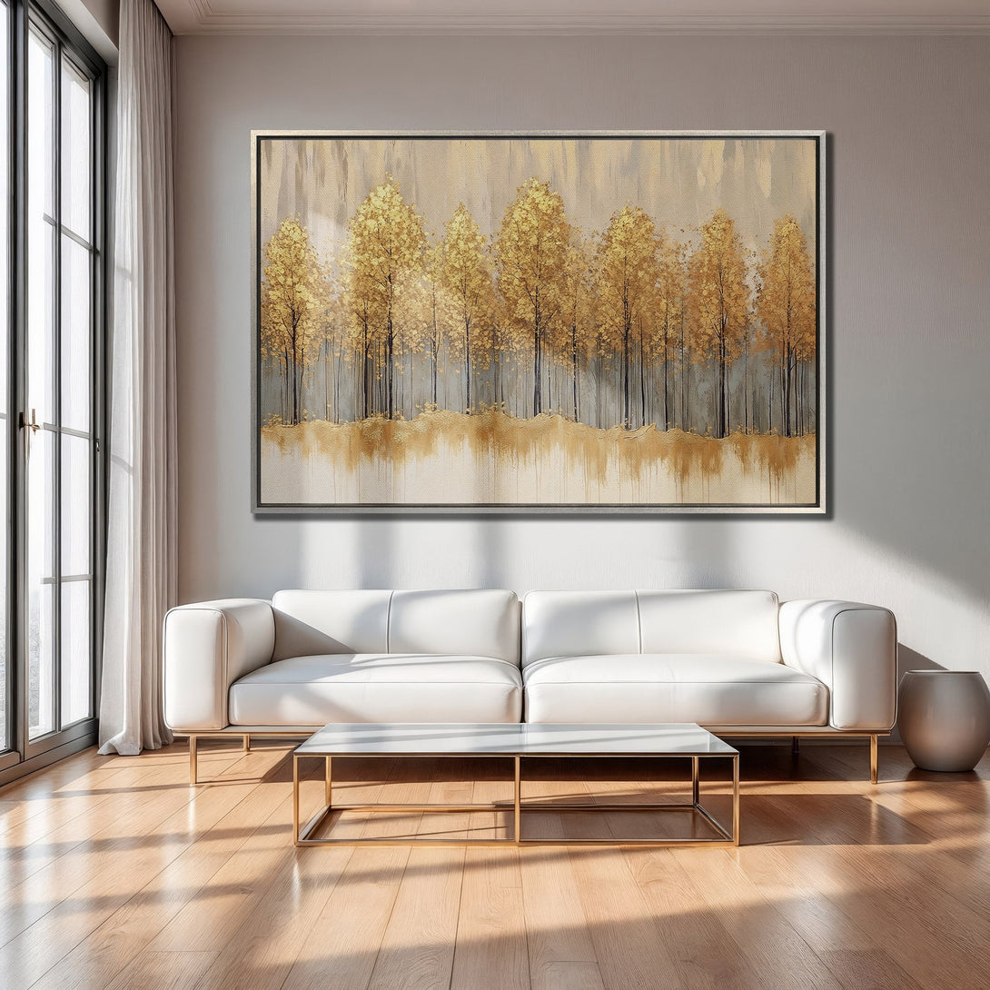 Framed Wall Art: Gold leaf trees painting in a modern living room. Neutral color palette with gold accents. Elevate your space with stunning art!