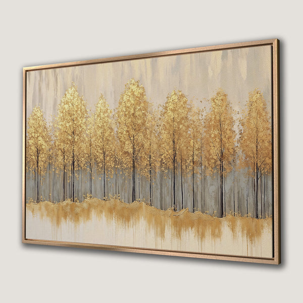 Framed Wall Art: Golden forest landscape canvas print. Abstract style with gold, gray, and neutral color palette. Elevate your home decor!