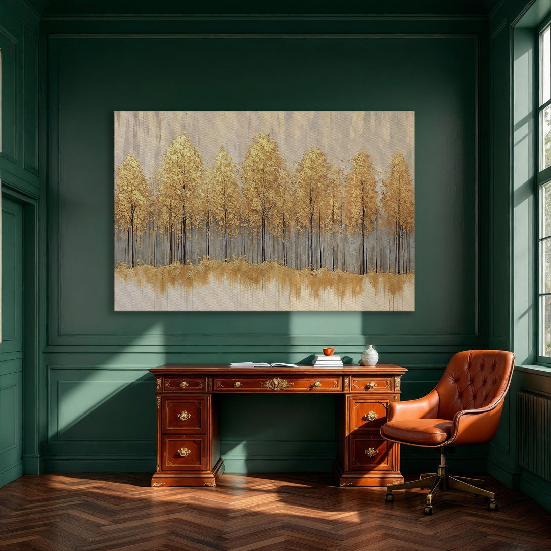 Framed Wall Art: Gold forest landscape canvas print. Modern art with neutral and gold color palette, perfect for dining room decor.