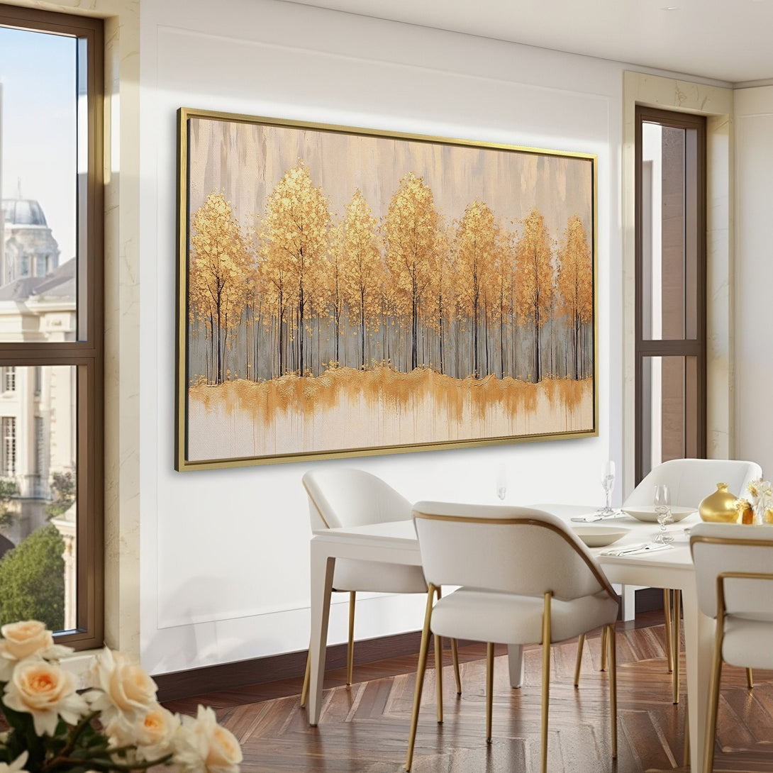 Canvas Print of golden trees artwork, elegant style, displayed in a green interior. Adds sophistication to any space.