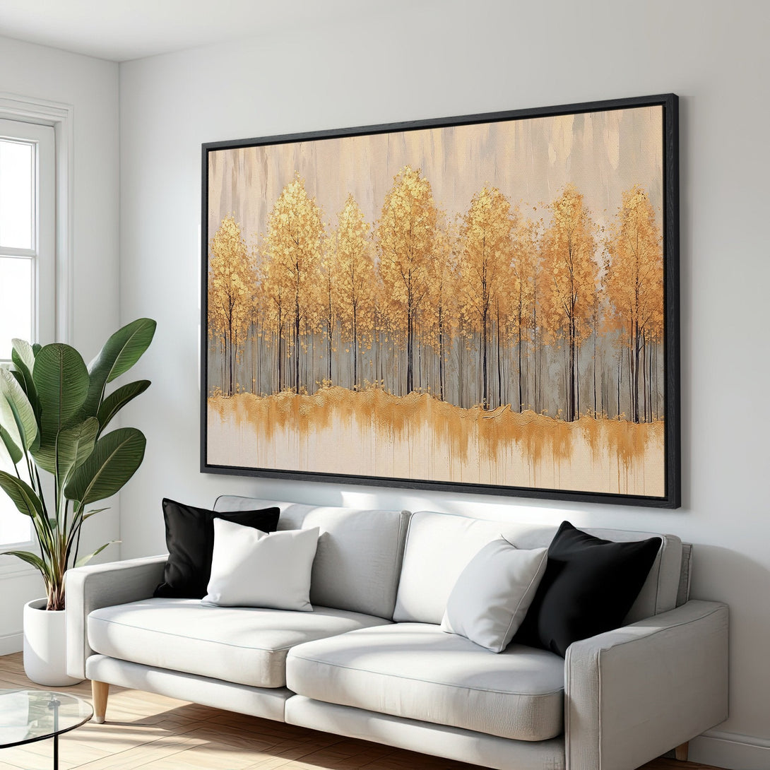Framed Wall Art featuring a golden tree landscape. Modern abstract style with warm gold, beige, and gray tones. Perfect for adding elegance to your home decor.