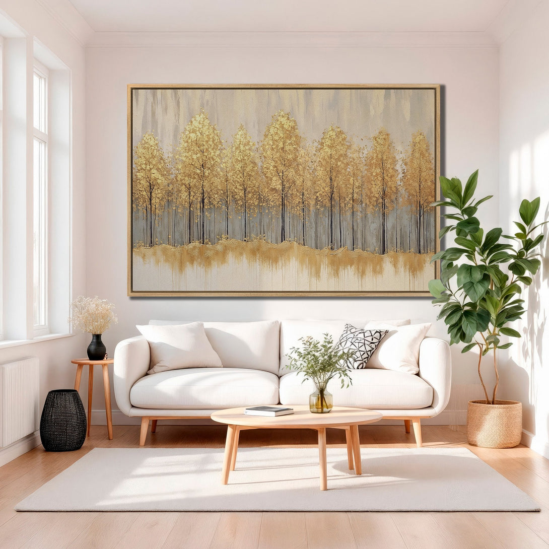 Framed Wall Art: Abstract gold trees canvas print in a serene interior. Neutral color palette with gold accents creates a calming, stylish aesthetic.