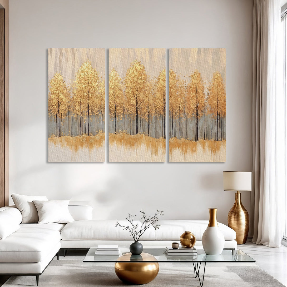 Abstract gold trees Canvas Print, perfect for modern decor. Features a warm, neutral color palette with gold and gray tones.