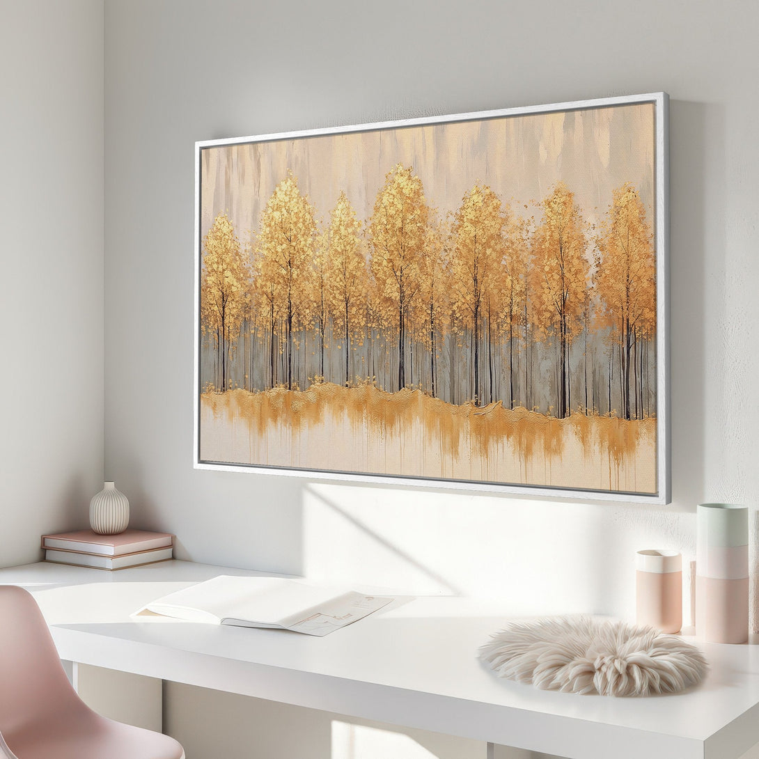 Framed Wall Art featuring a golden tree landscape. Modern abstract style with warm gold and neutral color palette, perfect for home decor.