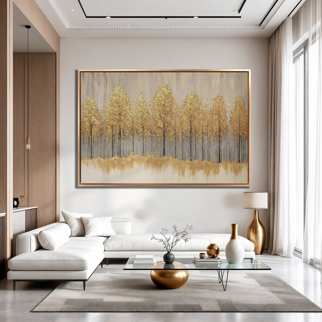 Framed Wall Art of golden trees in a modern living room. Neutral color palette with gold accents. Add elegance to your space with this canvas print.