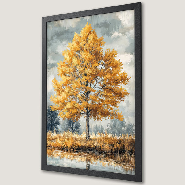 Framed Poster featuring a vibrant yellow tree landscape painting in a muted color palette, perfect wall art.