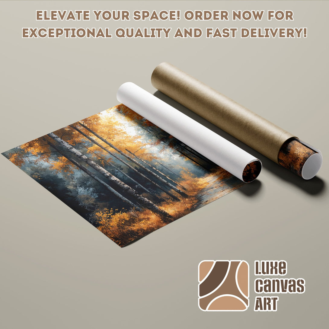 Poster Roll of an autumn forest scene, artistic style, warm gold and blue tones.