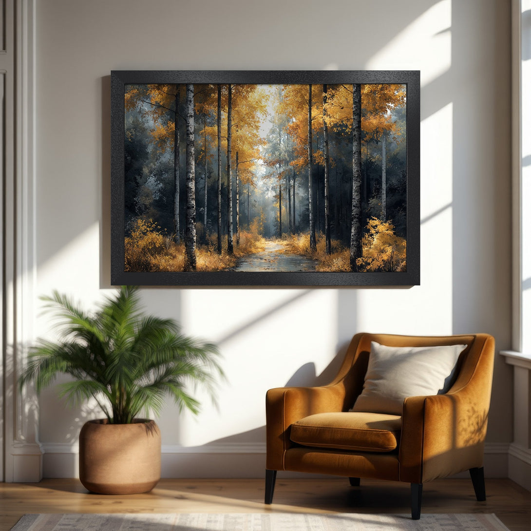 Framed Poster of a forest path with golden trees. Artistic style, warm color palette. Perfect wall art for your home.