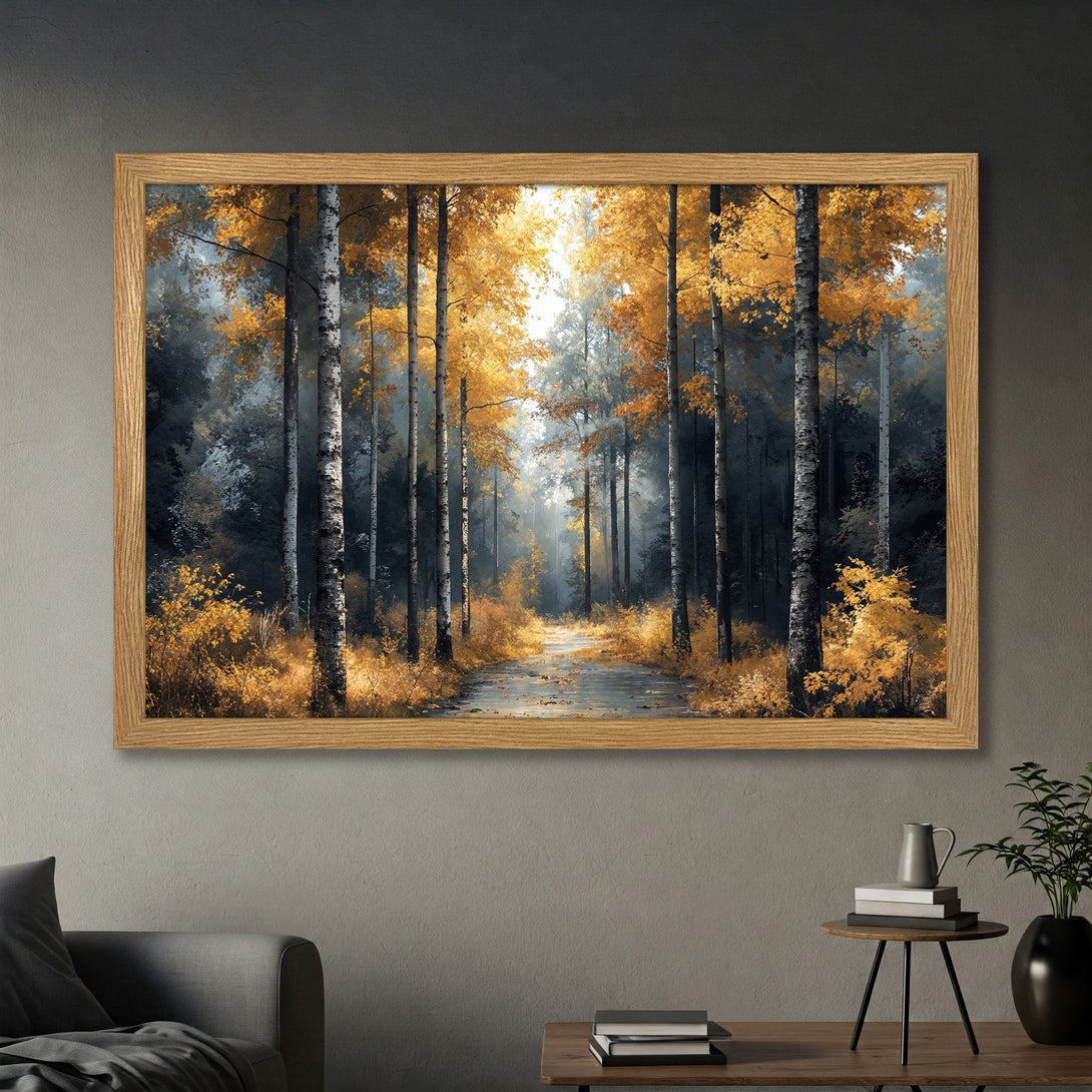 Framed Poster featuring a serene forest scene in a painterly style with a warm, golden and cool, dark color palette. Perfect wall art.