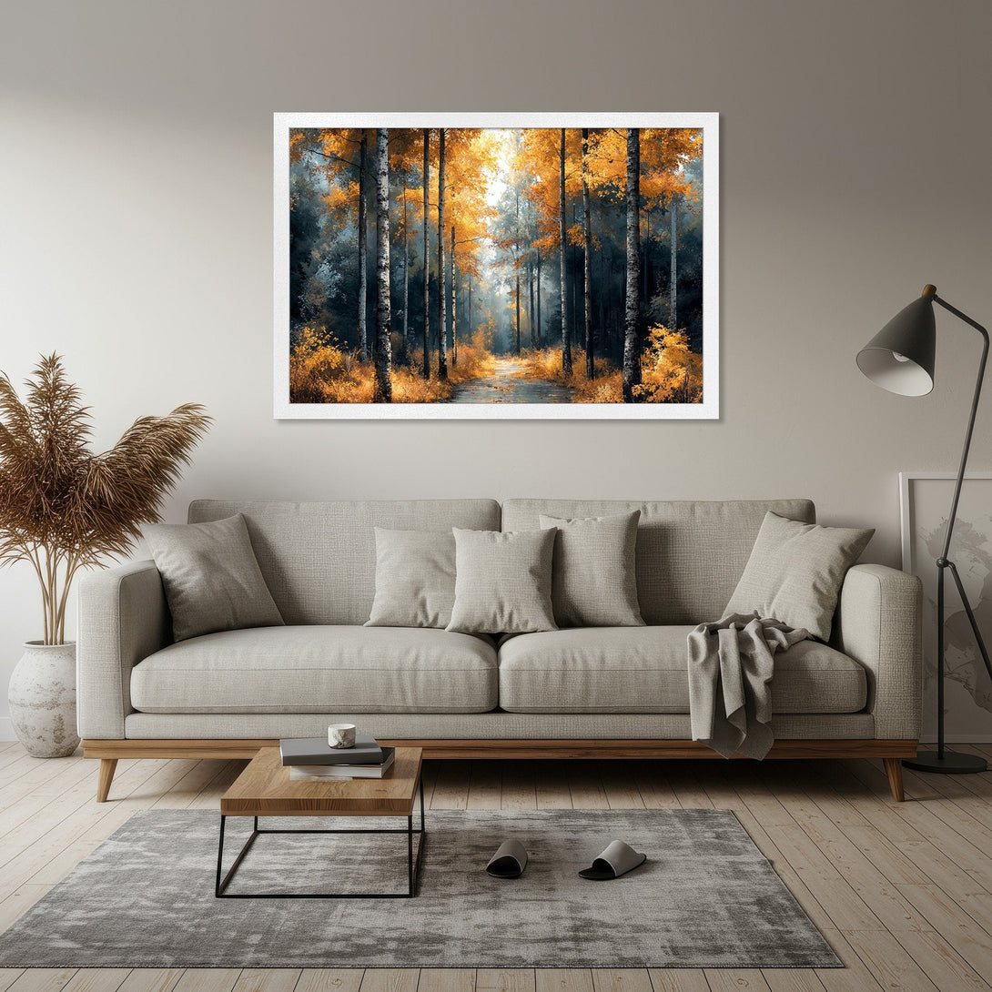 Framed Poster of a serene forest scene with a warm, autumnal color palette, perfect for adding a touch of nature to your home.