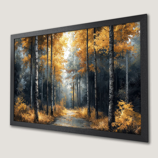 Framed Poster of a serene forest path with golden autumn foliage. Warm color palette.