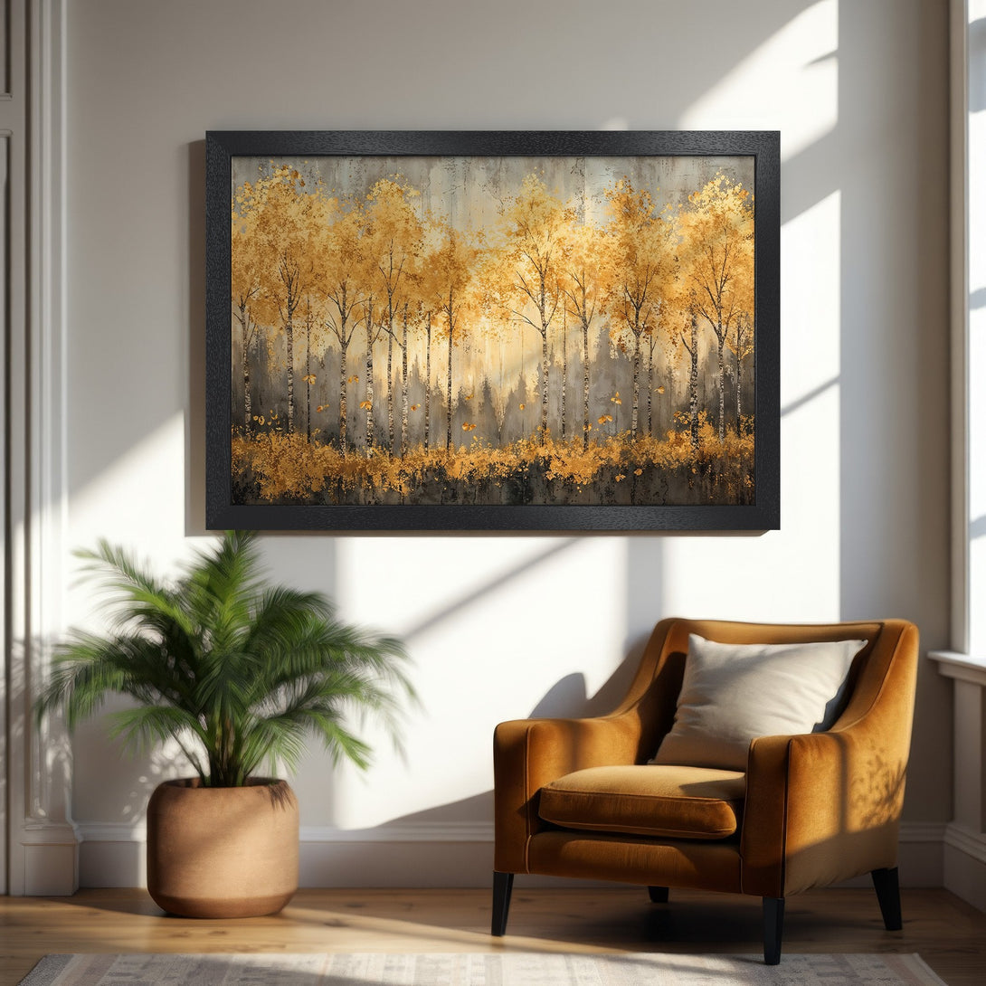 Framed Poster featuring a golden forest scene, artistic style, warm color palette. Perfect wall art for your home!