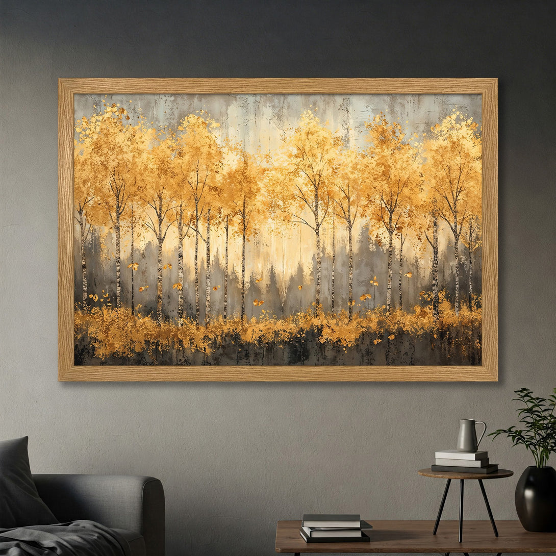 Framed Poster of golden autumn trees in a modern style, featuring a warm color palette. Perfect wall art for any room!
