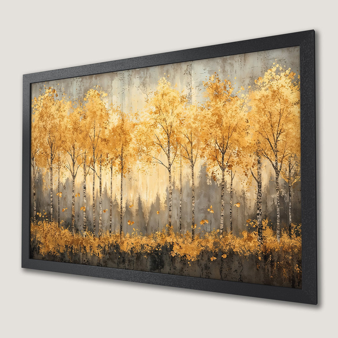 Framed Poster featuring a golden autumn forest painting. Warm color palette, perfect wall art for your home decor.