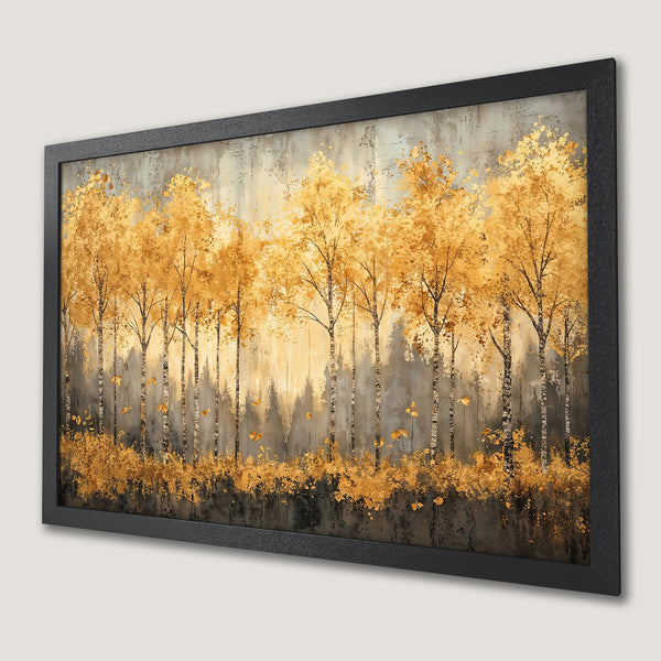 Framed Poster featuring a golden autumn forest painting. Warm color palette, perfect wall art for your home decor.