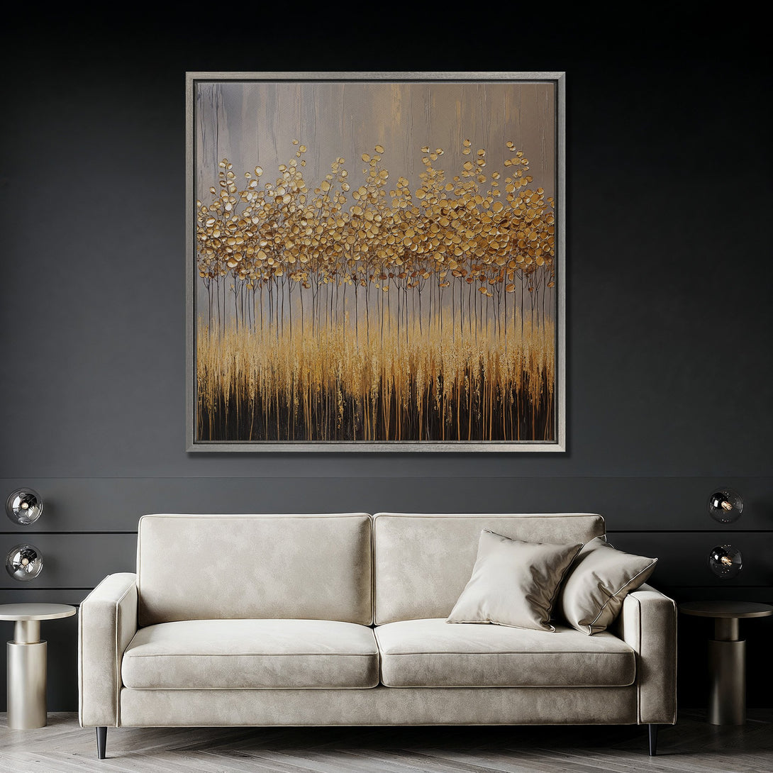 Framed Wall Art featuring an abstract gold leaf design with a neutral color palette. Elegant artwork perfect for modern home decor.