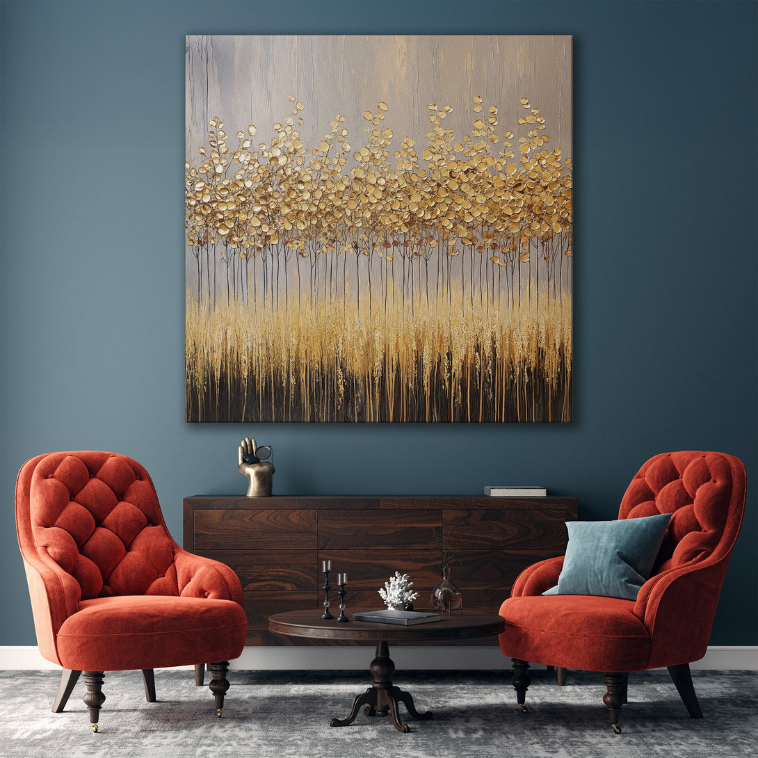 Framed Wall Art: Abstract gold leaf art canvas print in a modern living room. Neutral color palette with gold accents. Elevate your space with this elegant artwork.