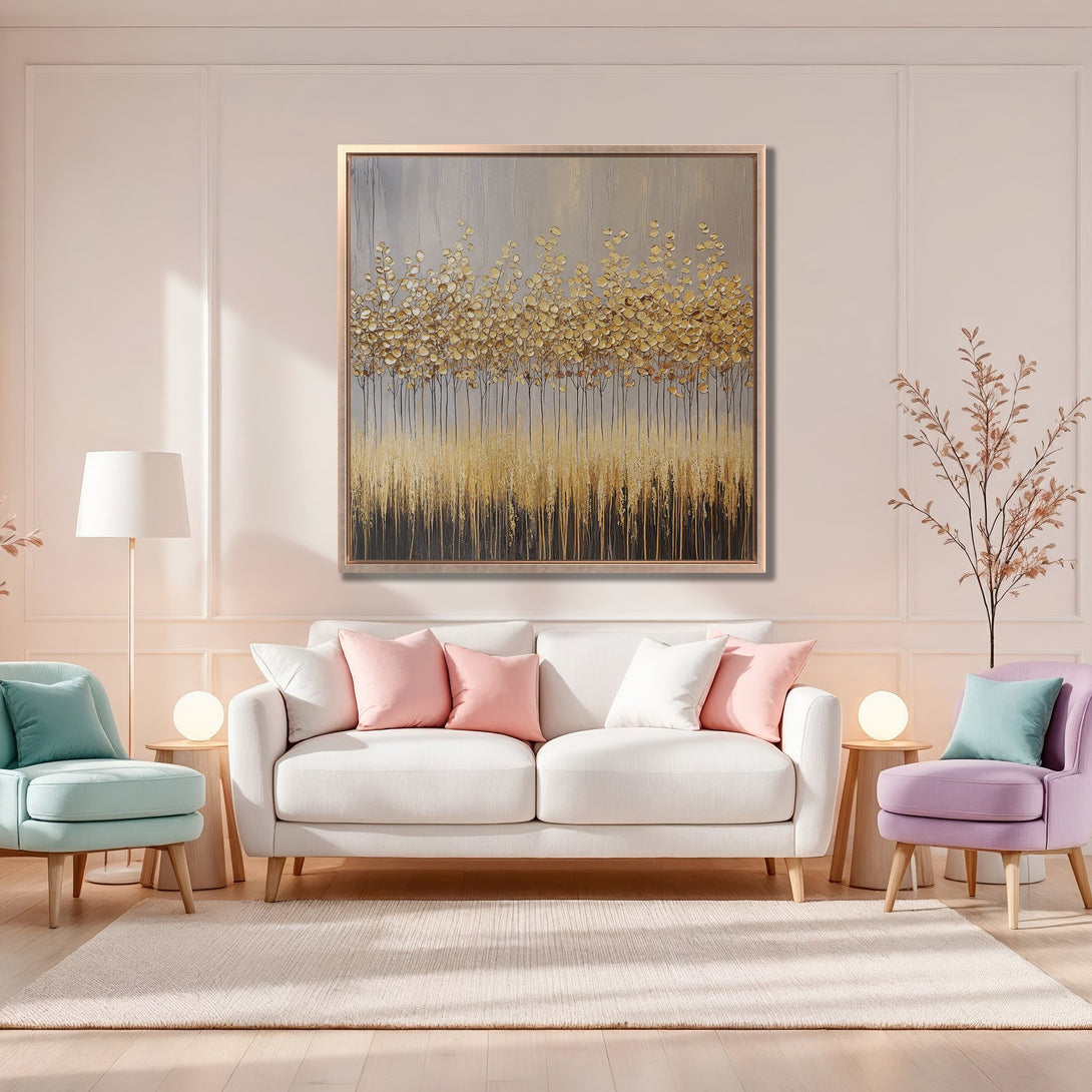 Framed Wall Art: Abstract gold leaf art canvas print in a modern living room, featuring a neutral color palette with pops of pastel colors.