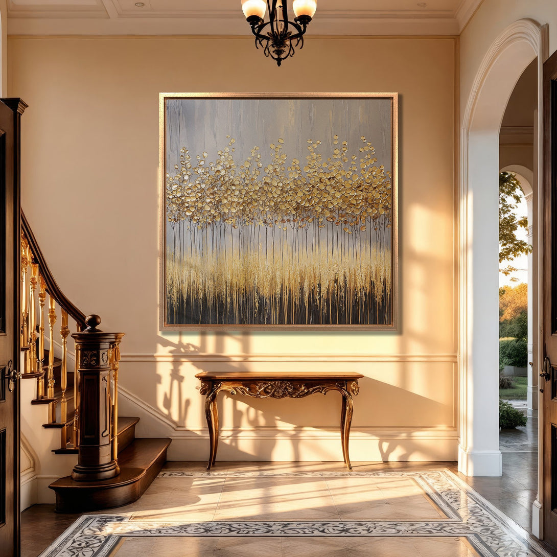 Framed Wall Art featuring a gold abstract floral design. Elegant, modern style with a warm, neutral color palette. Perfect for interior decor.