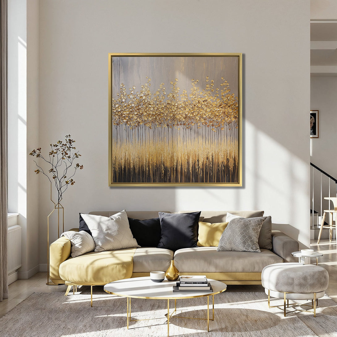 Abstract gold leaf Canvas Print in a modern interior. Warm color palette with gold, gray, and teal accents. Perfect wall art for living room decor.