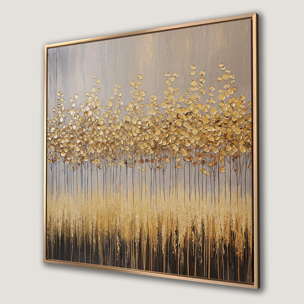 Framed Wall Art: Abstract gold leaf trees on canvas. Modern art with neutral, warm color palette for elegant home decor.