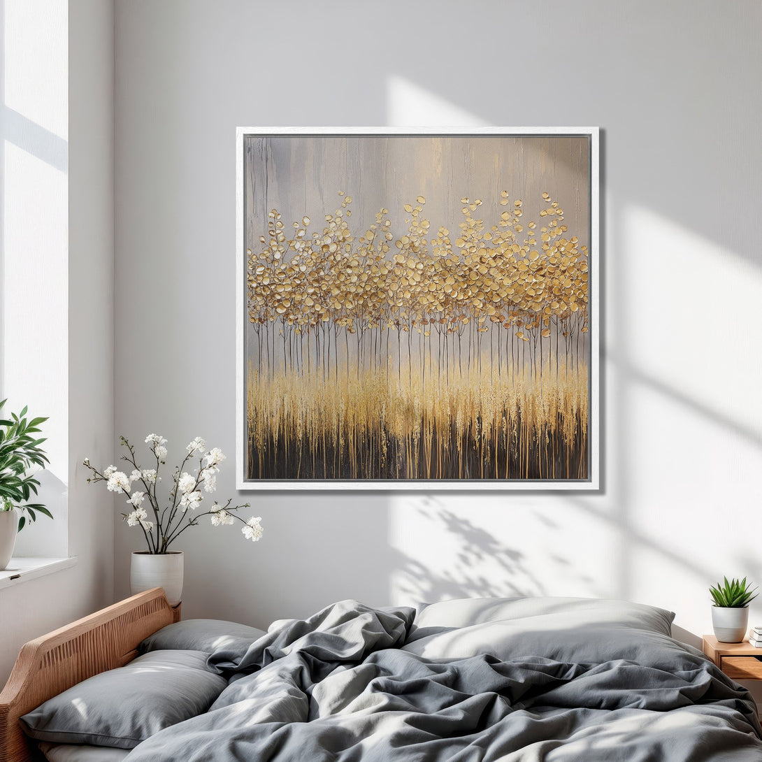 Framed Wall Art: Abstract gold leaf art Canvas Print, neutral tones. Modern bedroom decor, adds a touch of elegance to any space. Shop now!