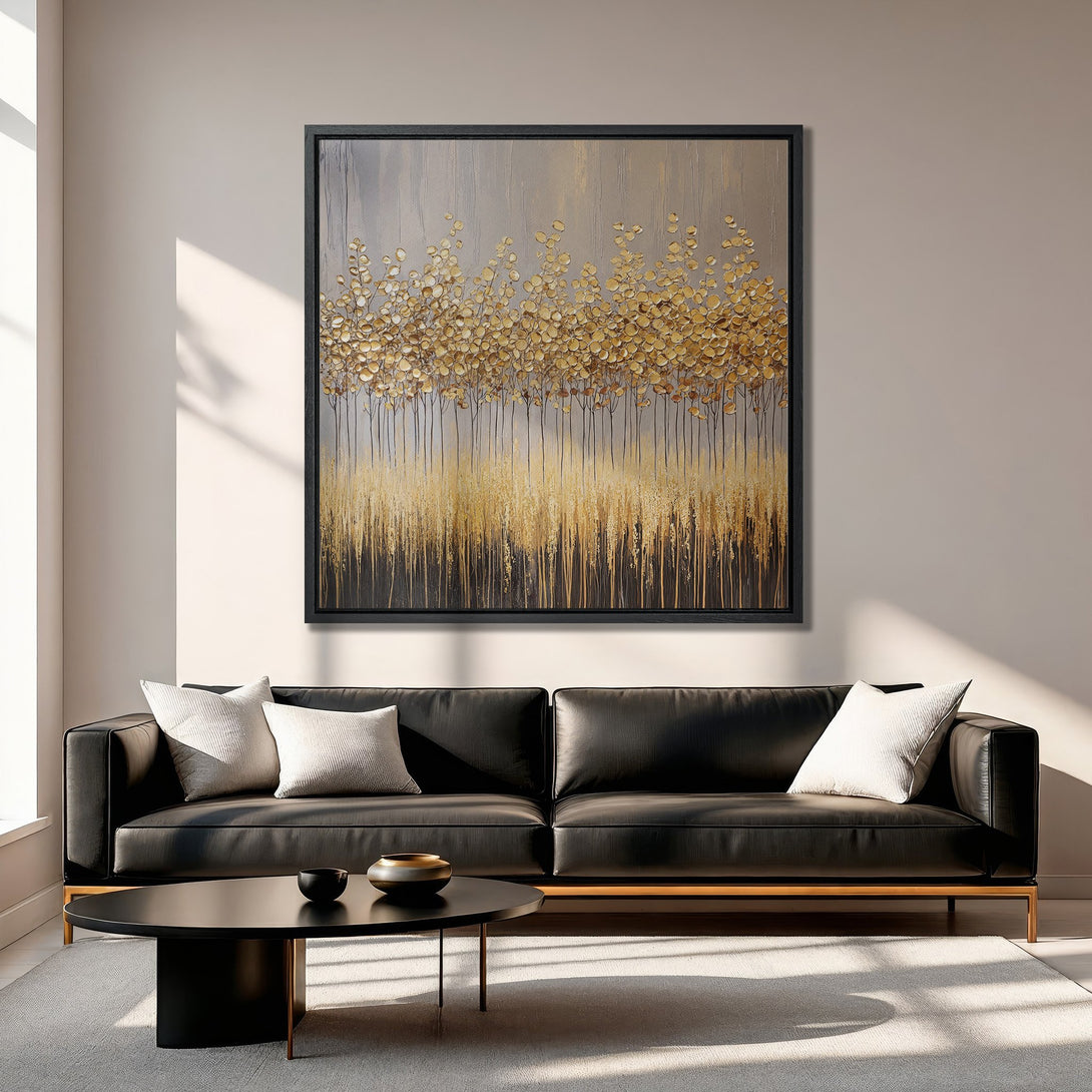 Framed Wall Art featuring a gold abstract floral design. Modern, elegant Canvas Print with a neutral and gold color palette, perfect for any interior.