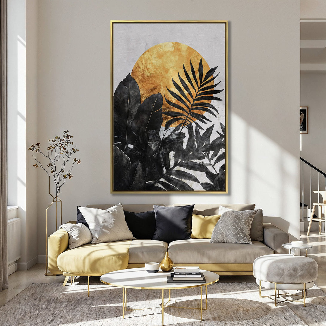 Canvas Print featuring a tropical botanical design with a gold sun and black leaves. Stylish wall art in a modern, neutral color palette.