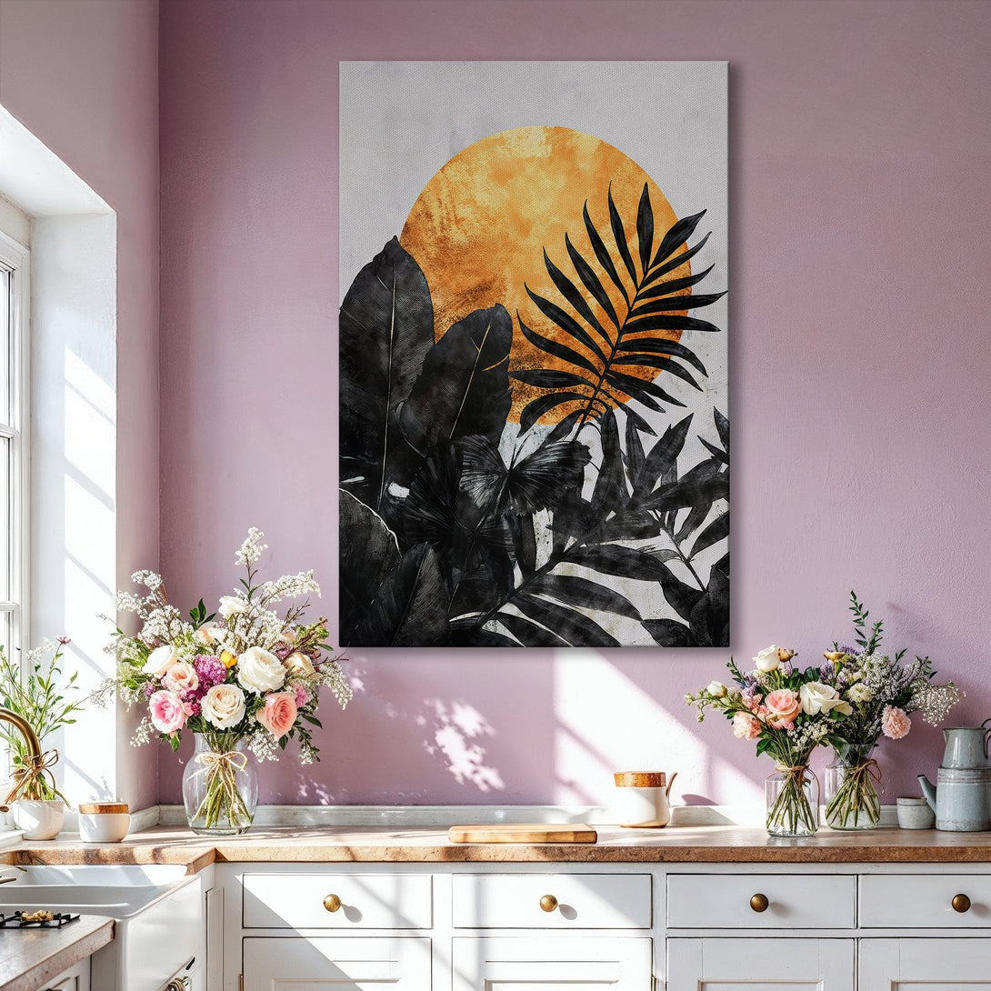 Framed Wall Art featuring a tropical leaf design with a gold and black color palette, perfect for adding modern art to your home decor.