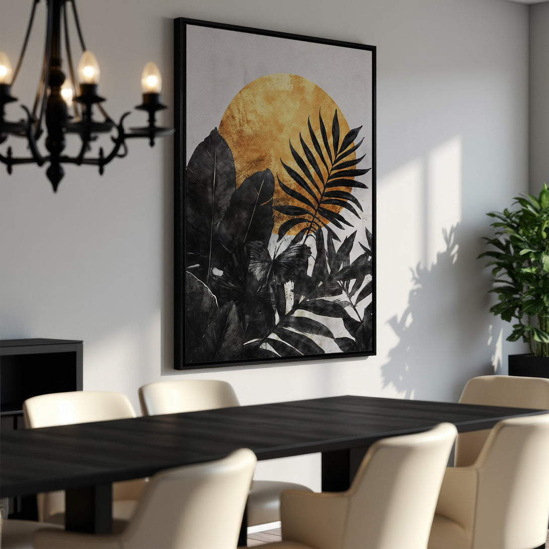 Framed Wall Art featuring a botanical design with a gold and black color palette, perfect for adding a touch of modern elegance to your dining room.