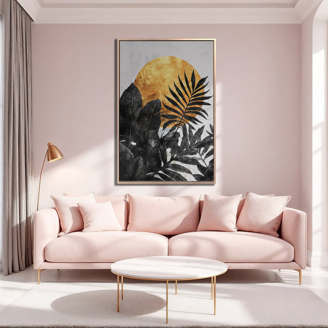 Framed Wall Art featuring a gold sun and black botanical print. Modern style, warm color palette with pink and gold accents. Perfect for living room decor.