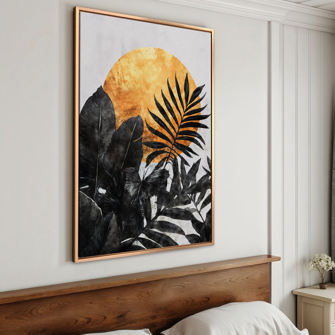 Framed Wall Art: Tropical leaf design in black and gold. Modern Canvas Print with a warm, neutral color palette, perfect for bedroom decor.