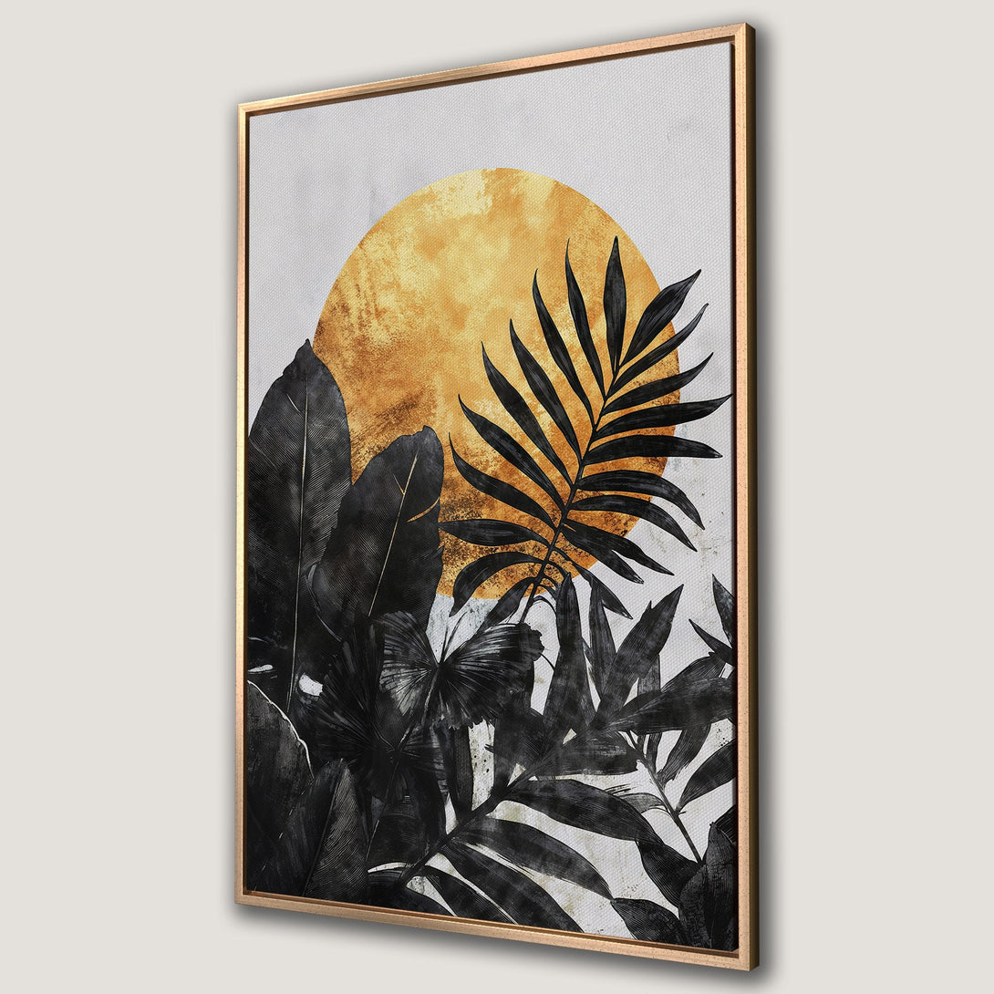Framed Wall Art featuring a tropical leaf design with a gold sun. Modern black and gold canvas print perfect for adding a touch of nature to your home decor.