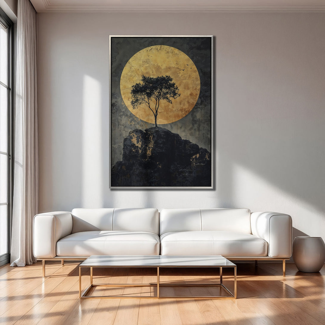 Framed Wall Art: Abstract tree art in gold, black, and gray tones. Modern canvas print adds elegance to living room decor.