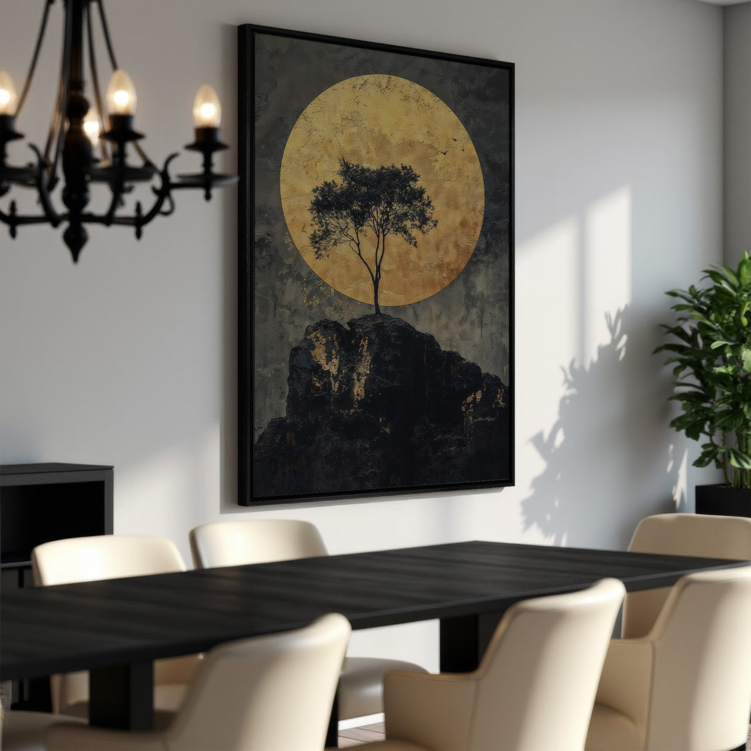 Framed Wall Art featuring a tree on a rock against a golden moon. Dramatic, modern style with a dark, moody color palette. Perfect for dining rooms.