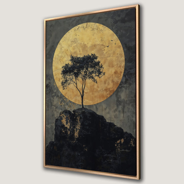 Framed Wall Art: Abstract landscape Canvas Print with a tree silhouette against a golden moon. Dark, moody color palette with gold accents. Perfect wall decor.
