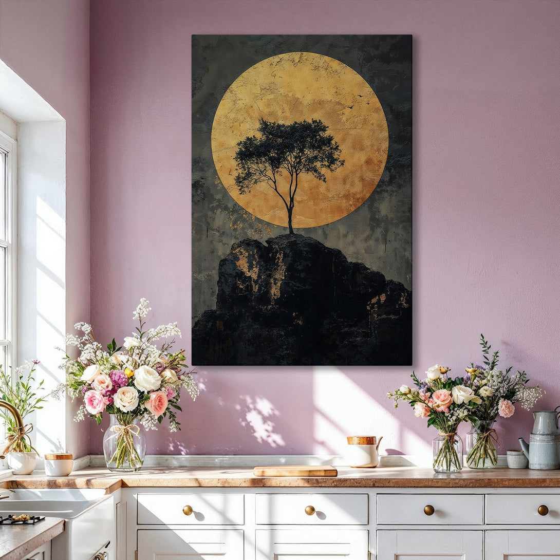 Framed Wall Art: Abstract tree landscape in gold, black, and gray tones. Modern art canvas print adds elegance to any living room.