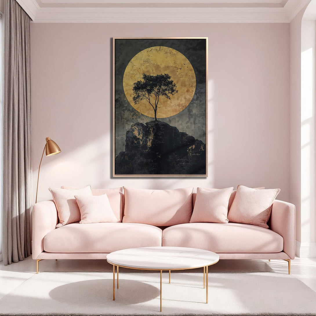 Framed Wall Art: Abstract tree landscape in gold & black. Modern art canvas print adds elegance to any interior. Enhance your decor with this stunning piece.