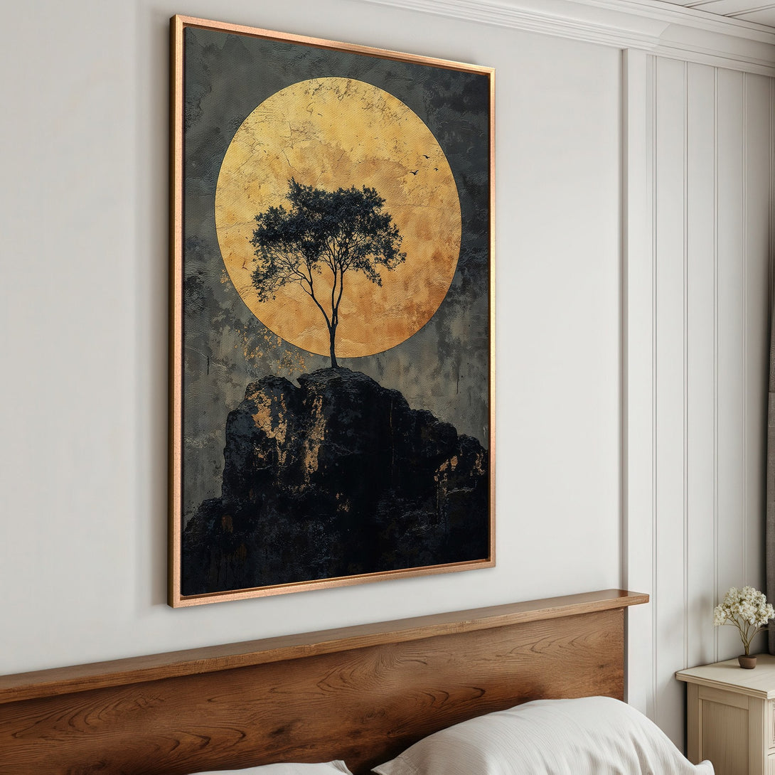Framed Wall Art: Abstract tree landscape in gold and black. Modern canvas print adds a touch of elegance to any bedroom decor.