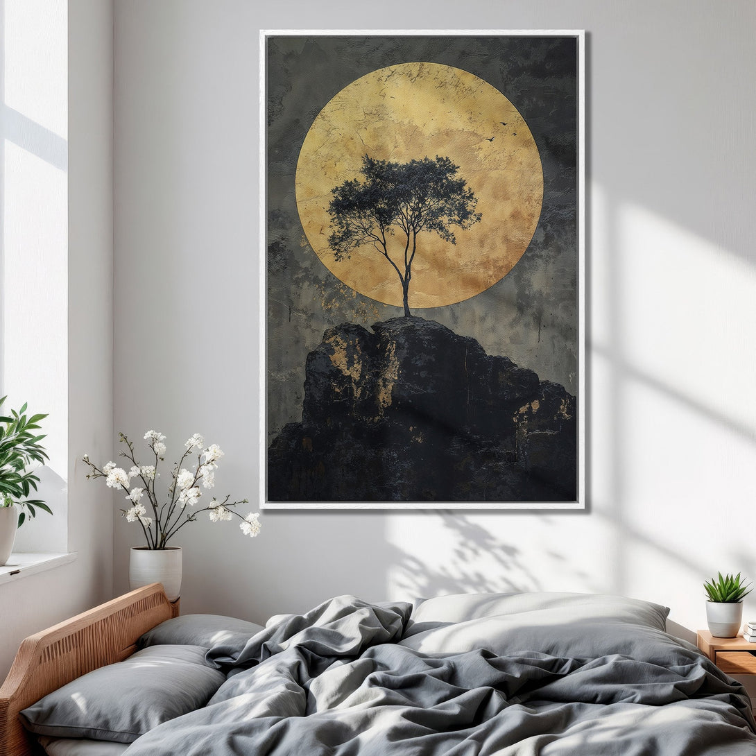 Framed Wall Art: Abstract tree art in a bedroom. Modern style with gold, black, and gray tones. Enhance your space with this unique canvas print.